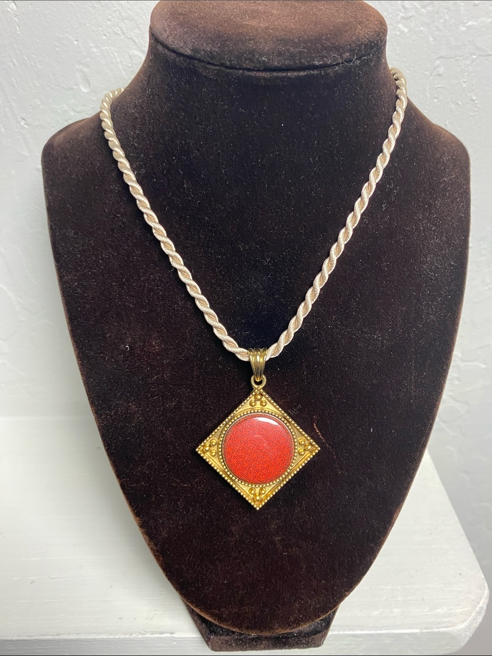 Gold-Tone Square Pendant Necklace with Red Center